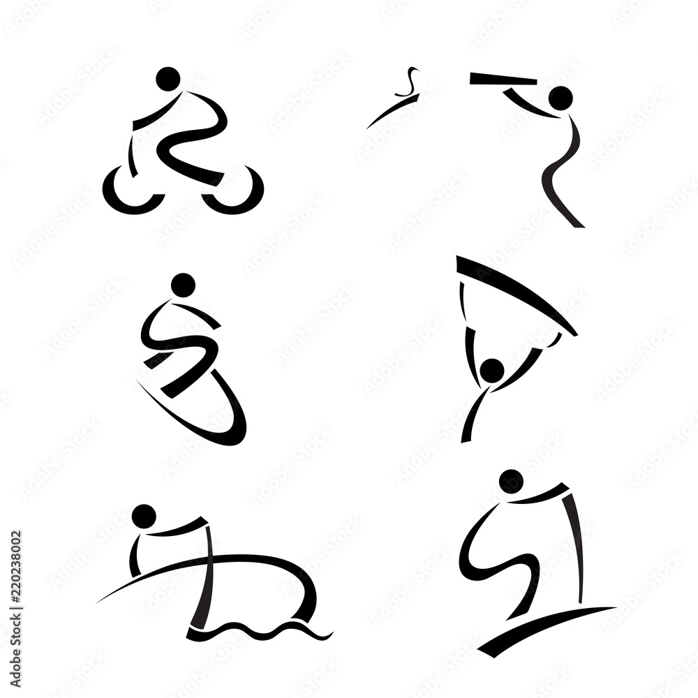 black sport activity line art icon on white isolated background, biking, bird watching, surfing, paragliding, rowing, hiking black sport activity line art icon on white isolated background, biking, bird watching, surfing, paragliding, rowing, hiking