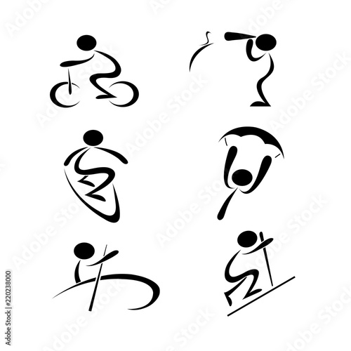 black sport activity line art icon on white isolated background, biking, bird watching, surfing, paragliding, rowing, hiking