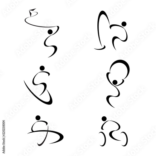 black sport activity line art icon on white isolated background, biking, bird watching, surfing, paragliding, rowing, hiking