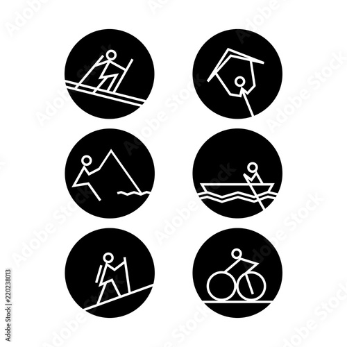 sport activity line art icon, biking, skiing, canoeing, paragliding, fishing, hiking