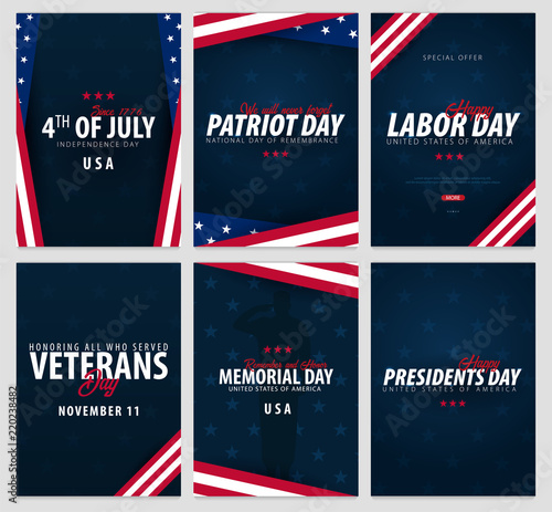 Set of USA celebrations. Public Holidays. 4th July, Patriot day, Labor day, Veteran's day, Memorial and Presidents day.