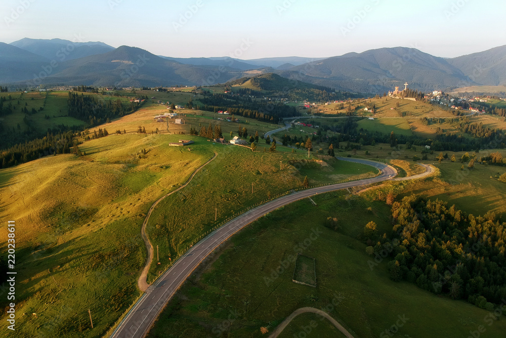 Aerial landscape of the mountain road, at sunrise