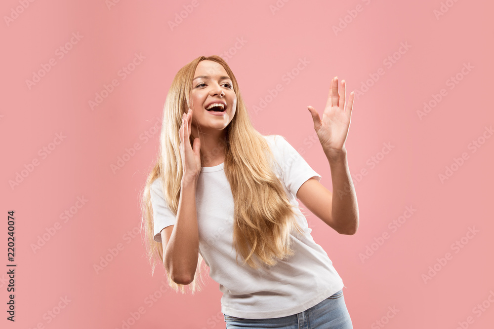 Do not miss. Young casual woman shouting. Shout. Crying emotional woman screaming on studio background. Female half-length portrait. Human emotions, facial expression concept. Trendy colors Do not miss. Young casual woman shouting. Shout. Crying emotional woman screaming on studio background. Female half-length portrait. Human emotions, facial expression concept. Trendy colors