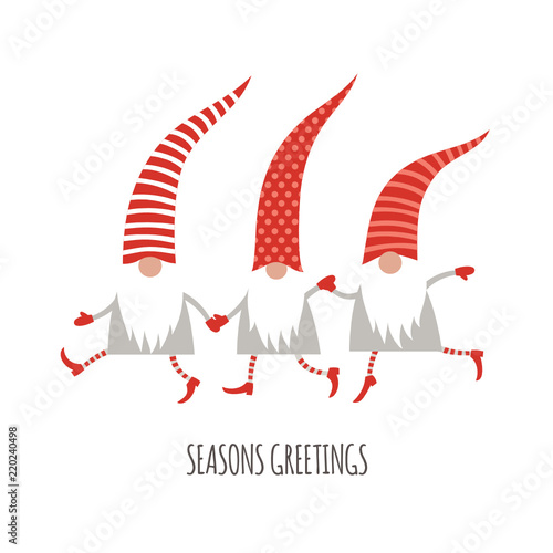 Christmas Card, Seasons greetings , cute Christmas gnomes in red hats