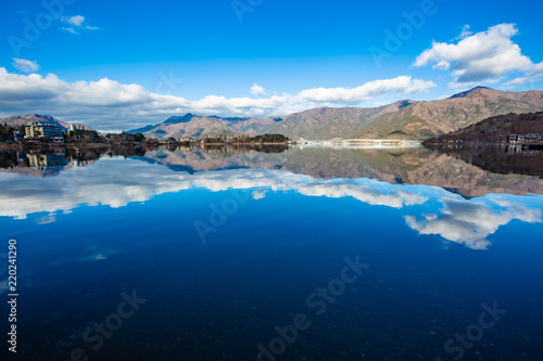 The lake and mountain under blue sky with beautiful clouds, nature background