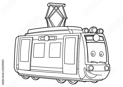 Cartoon funny looking vector electric train - isolated - coloring page - illustration for children