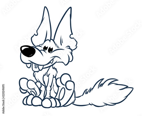 Cheerful wolf animal character sitting cartoon illustration isolated image coloring page 