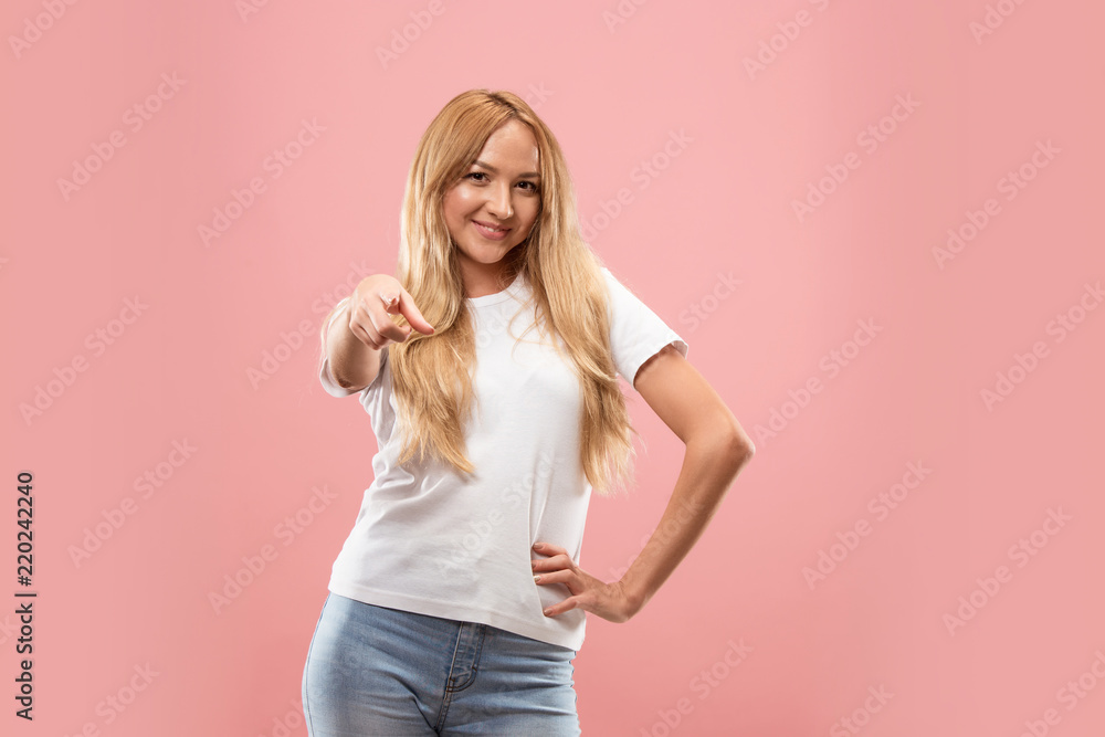 I choose you and order. The smiling business woman point you, want you, half length closeup portrait on studio background. The human emotions, facial expression concept. Front view. Trendy colors I choose you and order. The smiling business woman point you, want you, half length closeup portrait on studio background. The human emotions, facial expression concept. Front view. Trendy colors