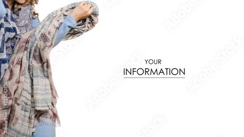 Obraz na plátně Young woman in autumn dress shawl scarf pattern on white background isolation