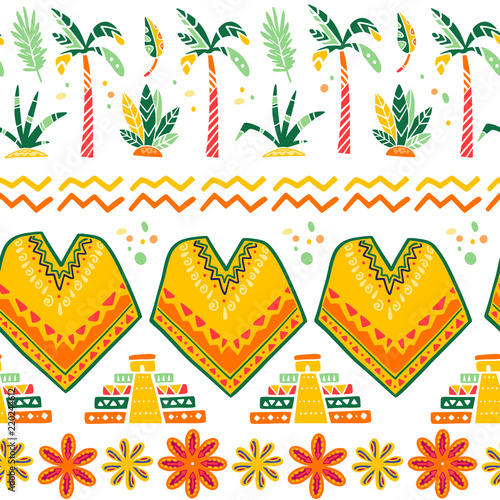 Vector seamless pattern with Mexico traditional decor elements - poncho, maya pyramid, palm, bush, flowers, leaf, abstract ornament isolated on white background. Good for packaging design, prints, web