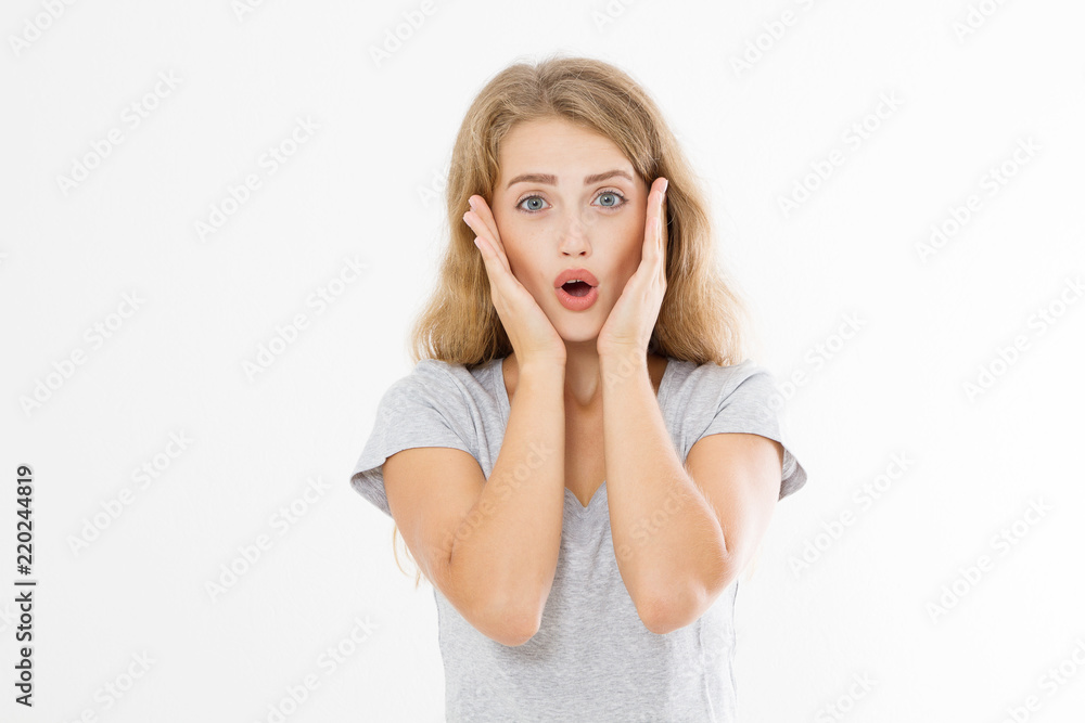 Surprised Caucasian blonde young woman shouting hot news. gossip girl isolated on white background. Summer t shirt template blank. Copy space Surprised Caucasian blonde young woman shouting hot news. gossip girl isolated on white background. Summer t shirt template blank. Copy space