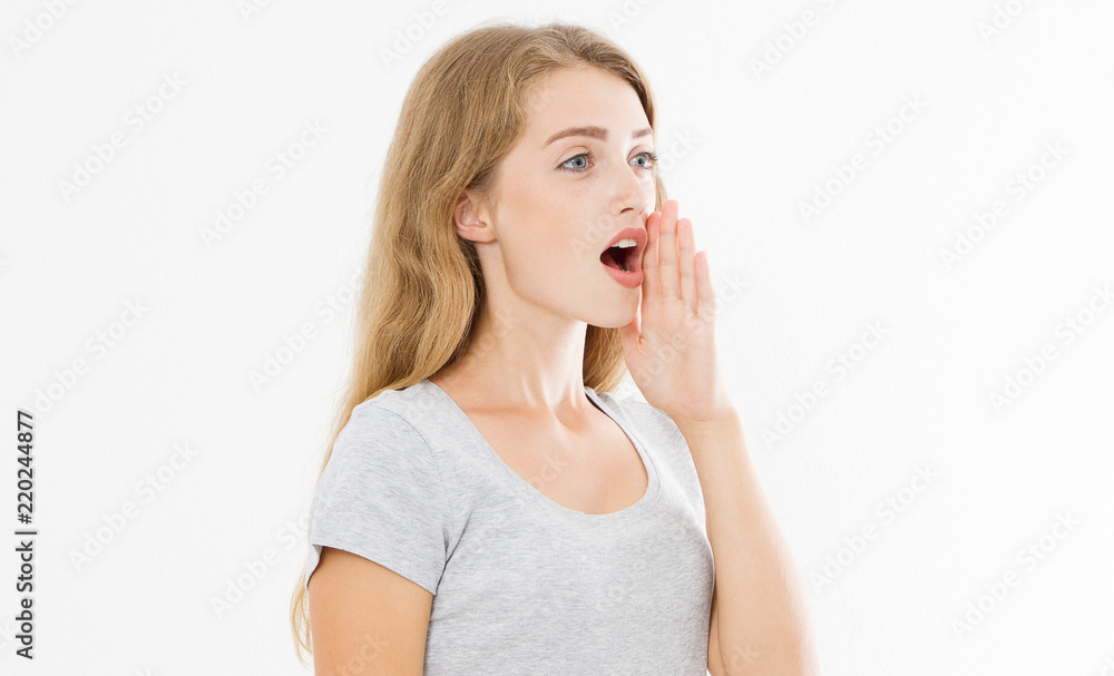 Caucasian blonde young woman shouting hot news. gossip girl isolated on white background. Summer t shirt template blank. Copy space Caucasian blonde young woman shouting hot news. gossip girl isolated on white background. Summer t shirt template blank. Copy space