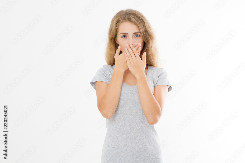 Caucasian girl show gesture hush shh. Blonde young beautiful woman isolated on white background. Copy space. Mock up Caucasian girl show gesture hush shh. Blonde young beautiful woman isolated on white background. Copy space. Mock up