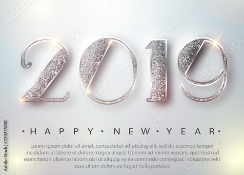 Happy New Year 2019 Greeting Card with Silver Numbers on White Background. Vector Illustration. Merry Christmas Flyer or Poster Design. Vector 10 EPS.
