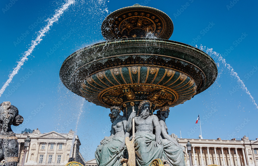 Fountains on Place de la Concorde in Paris closeup