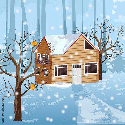 Wood house at winter season Vector. Snowing backgrounds