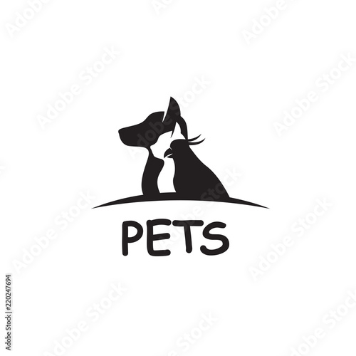 monochrome pet hsop label with cat, bird and dog