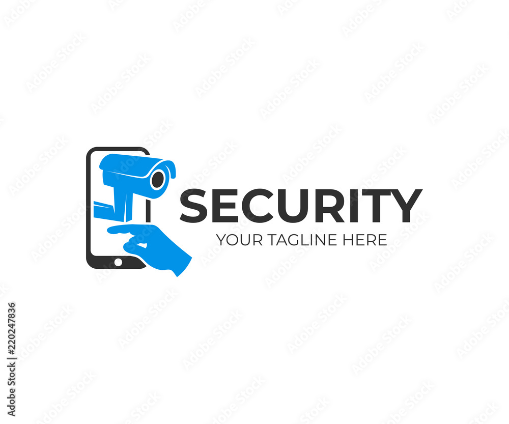 Surveillance camera, smartphone and arm or hand presses on touch screen, logo design. Security, technology and innovation, vector design and illustration Surveillance camera, smartphone and arm or hand presses on touch screen, logo design. Security, technology and innovation, vector design and illustration