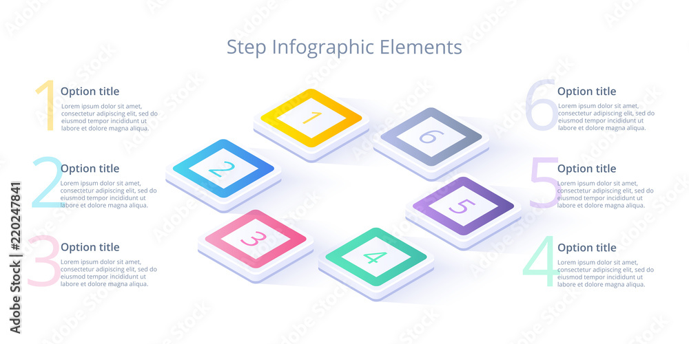 Business process chart infographics with 6 step segments. Isometric 3d corporate timeline infograph elements. Company presentation slide template. Modern vector info graphic layout design. - obrazy, fototapety, plakaty 