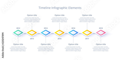 Isometric business timeline workflow infographics. Corporate milestones graphic elements. Company presentation slide template with year periods. Modern vector history time line design.