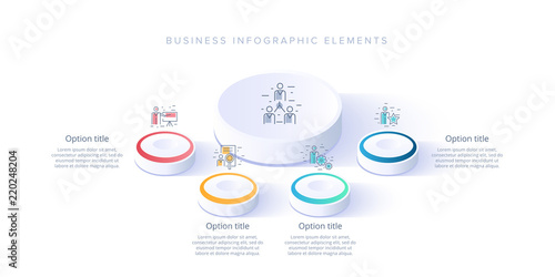Business process chart infographics with 4 step segments. Isometric 3d corporate timeline infograph elements. Company presentation slide template. Modern vector info graphic layout design.