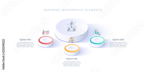Business process chart infographics with 3 step segments. Isometric 3d corporate timeline infograph elements. Company presentation slide template. Modern vector info graphic layout design.