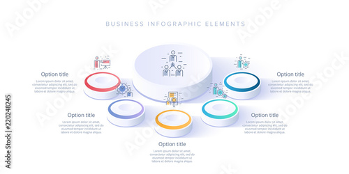 Business process chart infographics with 5 step segments. Isometric 3d corporate timeline infograph elements. Company presentation slide template. Modern vector info graphic layout design.