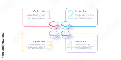 Business process chart infographics with 4 step segments. Isometric 3d corporate timeline infograph elements. Company presentation slide template. Modern vector info graphic layout design.