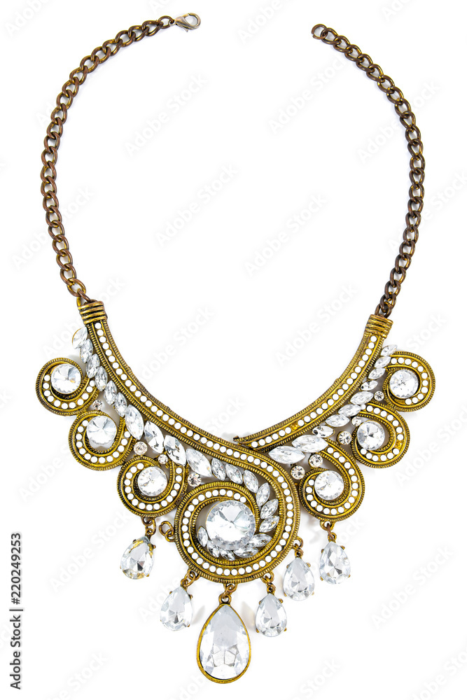 Old elegance gold and diamonds necklace isolated on white background Old elegance gold and diamonds necklace isolated on white background