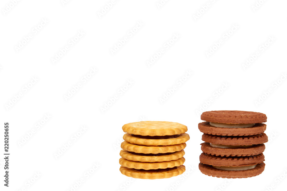 Cookies with cream filling isolated on white background, copy space template. Cookies with cream filling isolated on white background, copy space template.