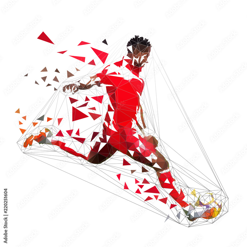 Fototapeta premium Football player in red jersey kicking ball, abstract low poly vector drawing. Soccer player, isolated geometric colorful illustration, side view