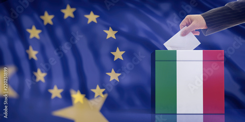 Hand inserting an envelope in a Italy flag ballot box on European Union flag background. 3d illustration