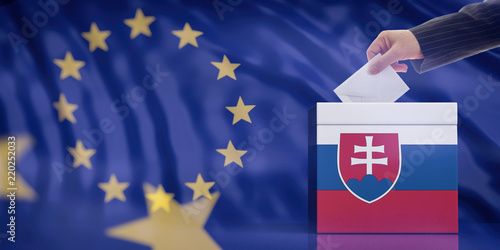 Hand inserting an envelope in a Slovakia flag ballot box on European Union flag background. 3d illustration