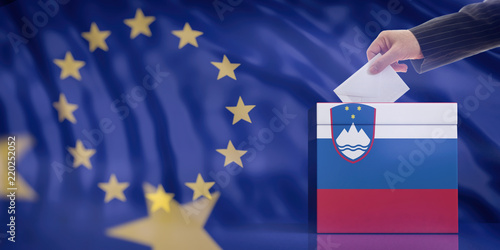 Hand inserting an envelope in a Slovenia flag ballot box on European Union flag background. 3d illustration