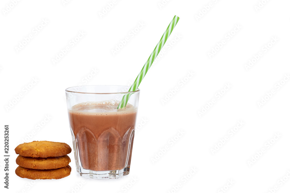 Glass of chocolate milk cocoa and straw with homemade cookies isolated on white background, copy space template Glass of chocolate milk cocoa and straw with homemade cookies isolated on white background, copy space template