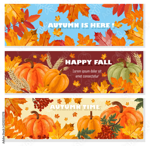 Autumn banners set Vector. Fall leaves and pumpkin cards