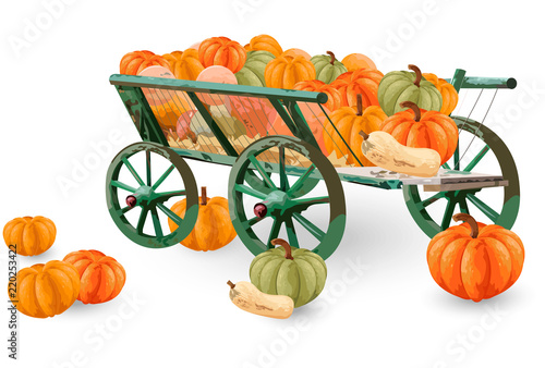 Pumpkins cart Vector isolated on white. Fall season elements