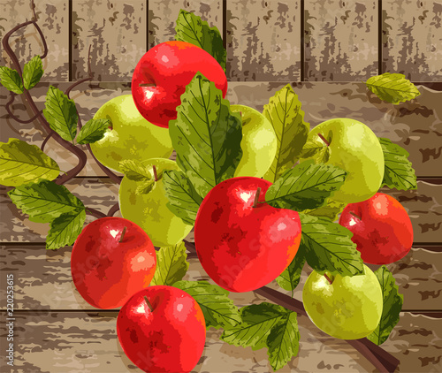 Watercolor apples on wooden background Vector delicious