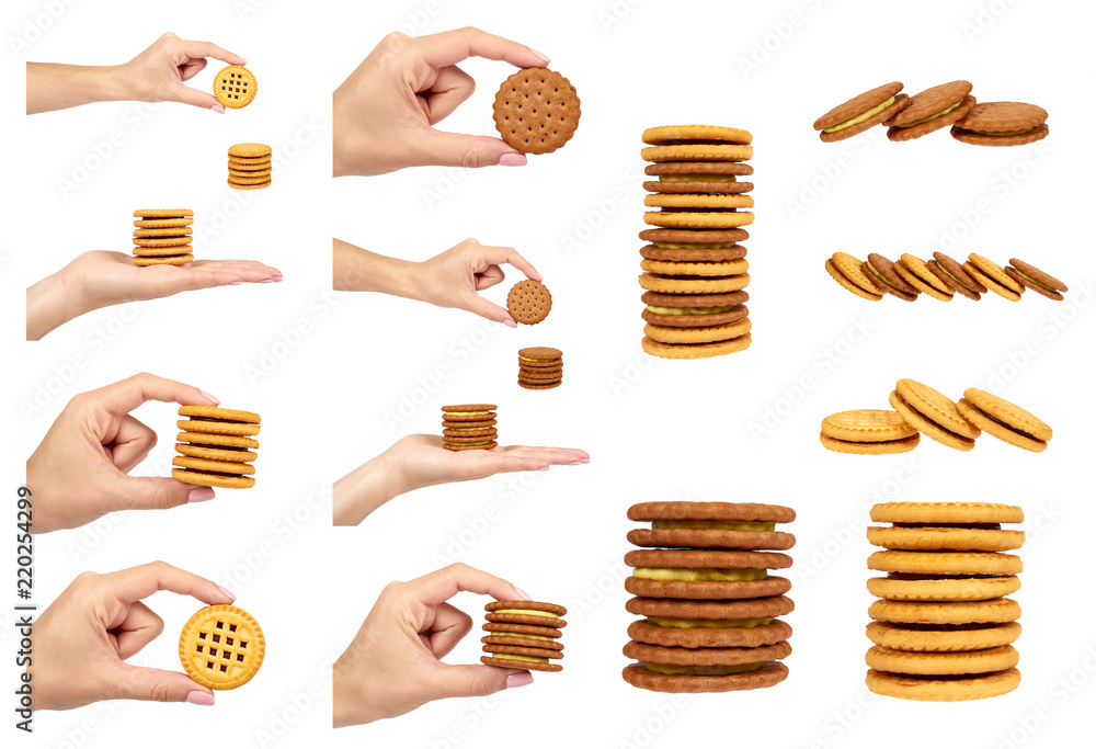 set of different Cookies with cream filling with hand isolated on white background