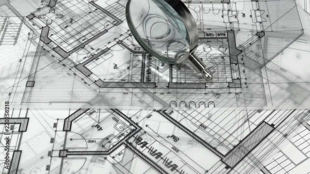 Blueprints - architectural drawings and loupe - magnifying glass smoothly rotate on the surface of the architectural plan of a modern house / seamless looping Blueprints - architectural drawings and loupe - magnifying glass smoothly rotate on the surface of the architectural plan of a modern house / seamless looping