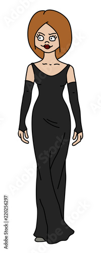 The funny redhead woman in a black long dress