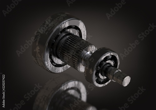 Silver and black bearing and cogwheel on a black