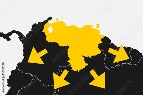 Venezuela and South America. Arrows as metaphor of Venezuelan migration from country to the foreign states in the region
