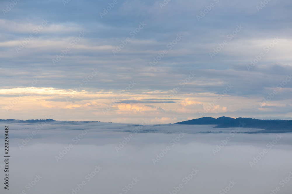 The landscape photo, beautiful sea fog in morning time in Thailand