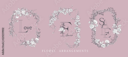 Wedding arrangement. Floral bouquet design. Botanical frame.
