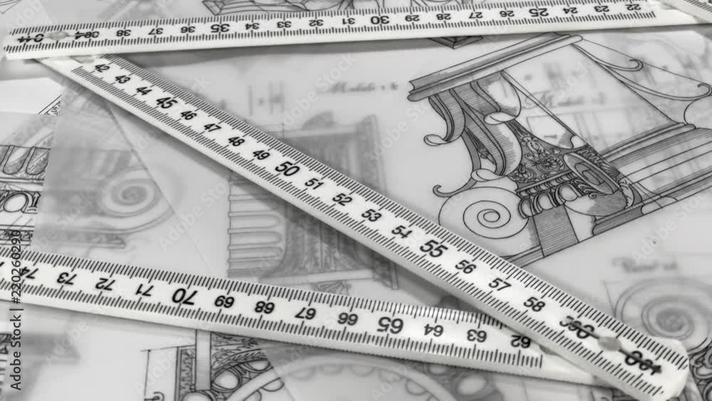 Blueprints - architectural drawings, yardstick - folding ruler smoothly ...