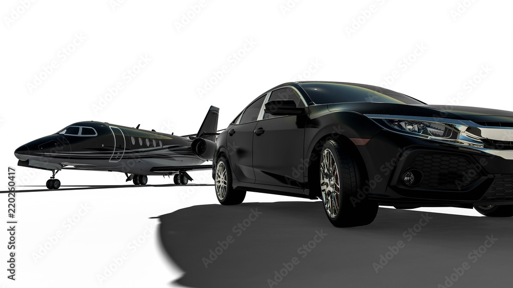 Luxury transportation / 3D render image representing an luxury airplane with a limo