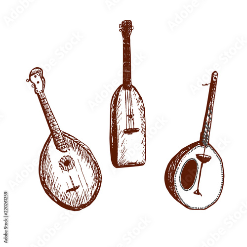 Photography Set of ethnic musical instruments. Hand draw. Sketch.