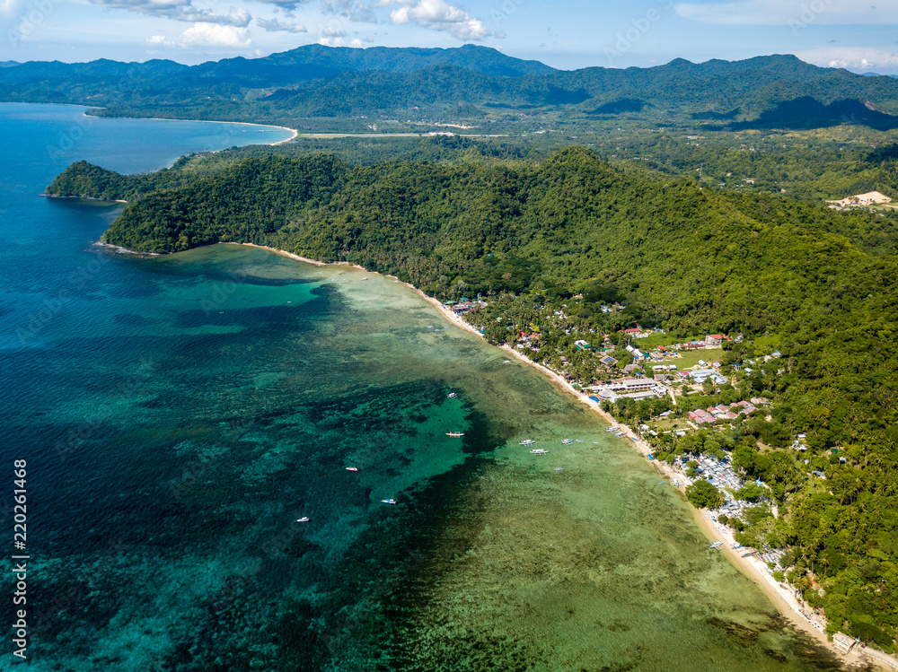 Aerial drone view of boats in shallow water in the El Nido area of Palawan, Philippines Aerial drone view of boats in shallow water in the El Nido area of Palawan, Philippines