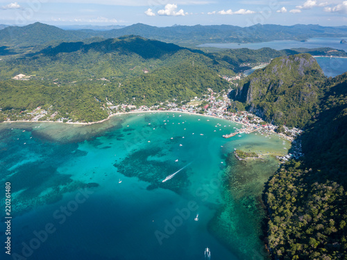 Aerial view of boats around the picturesque Philippines town of El Nido on Palawan island